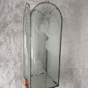 Art Nouveau Etched Stained Glass Winter‎ Snow Queen Lantern Candle Holder 13.5in
